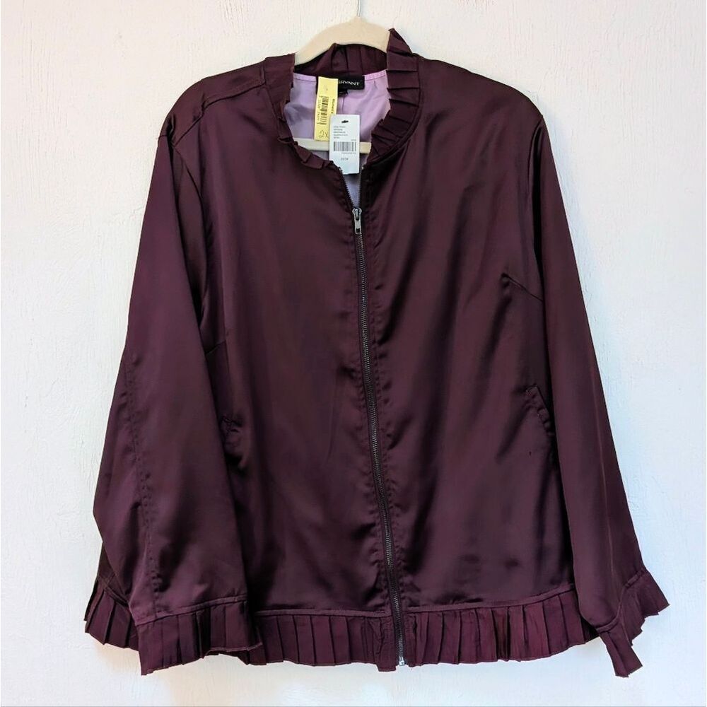 Lane Bryant Womens Jacket Size 22/24 Ruffle Trim Satin Bomber Pockets Merlot NWT